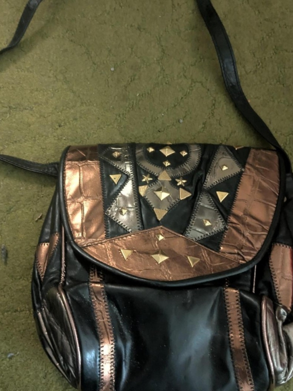 Stylish Black and Bronze Studded Patchwork Crossbody Bag